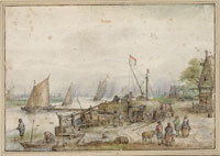 Hendrick Avercamp Small Harbour with a Tavern on a River Estuary