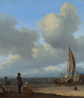 Ludolf Bakhuysen An extensive seascape with figures by a boat on a shore