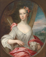Bartholomew Dandridge Portrait of a girl as a shepherdess, half-length, in a white dress holding a lamb, before a landscape, within a painted oval