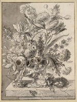 Jan van Huysum Still Life of Flowers: Vase with a Relief of Putti, Standing on a Stone Plate